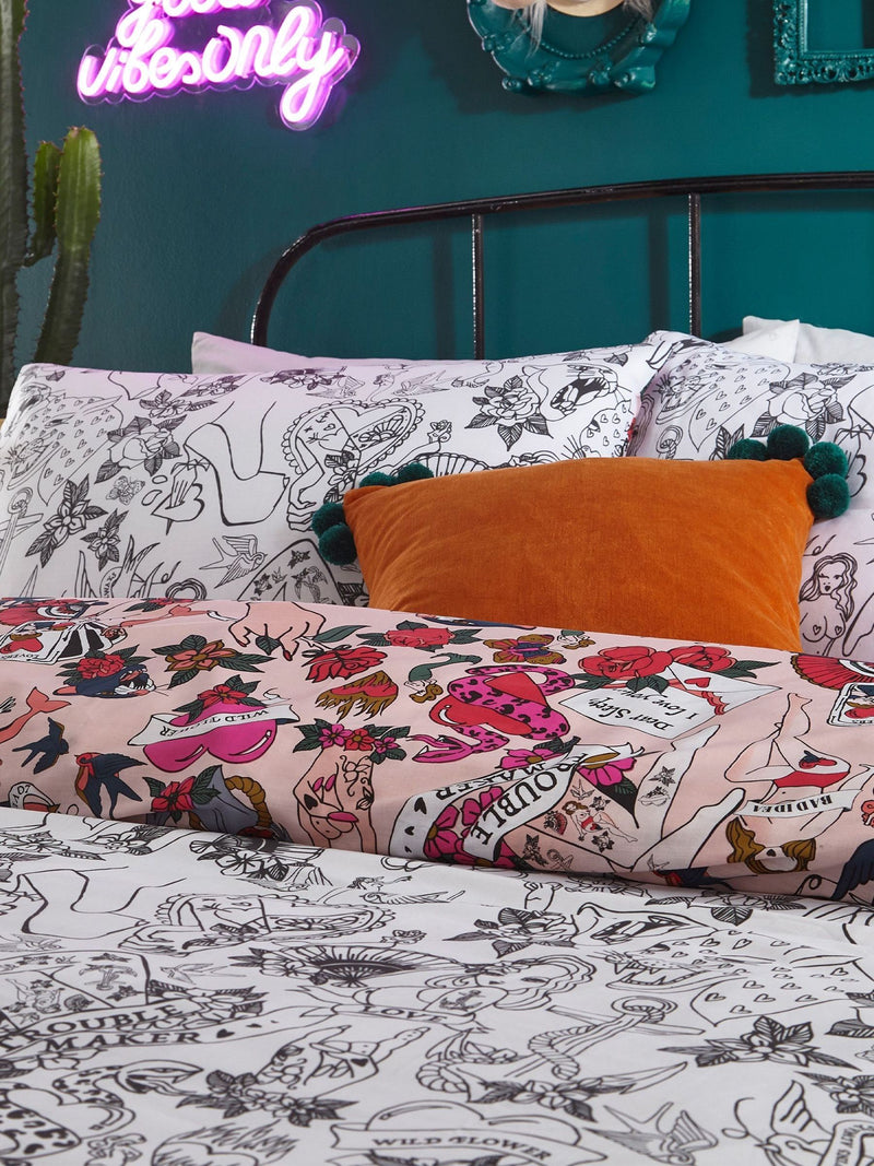 Furn Pink Inked Tattoo Reversible Duvet Cover and Pillowcase Set