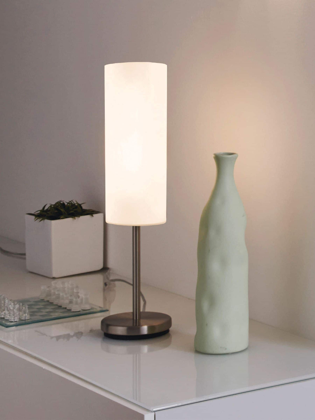 Eglo Troy 3 satin nickel table lamp, imported from the UK