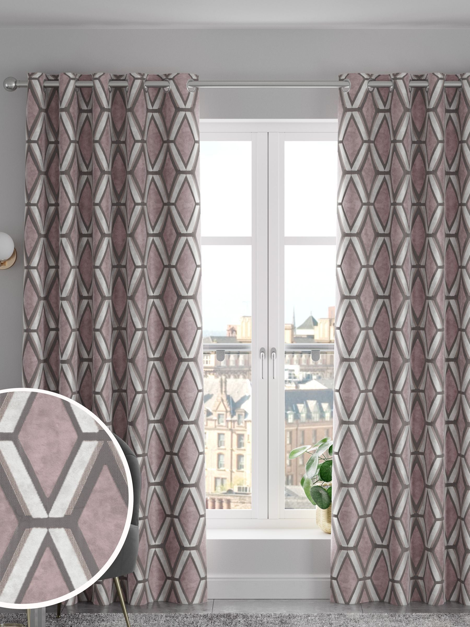 Next Blush Pink geometric velvet curtains, imported from the UK