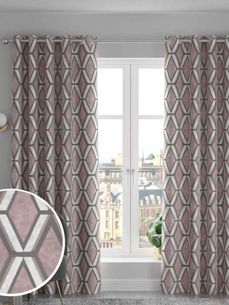 Next Blush Pink geometric velvet curtains, imported from the UK