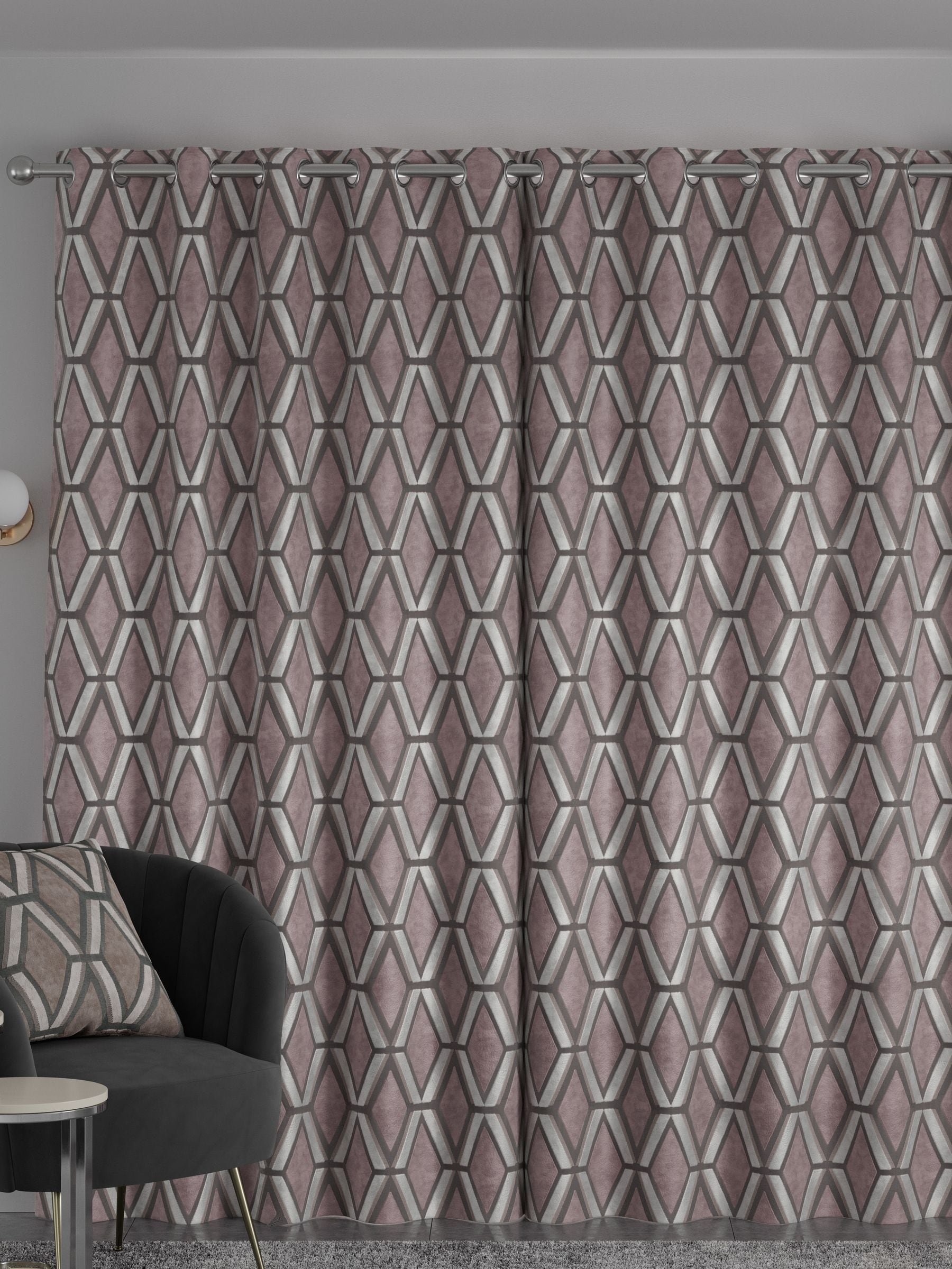 Next Blush Pink geometric velvet curtains, imported from the UK