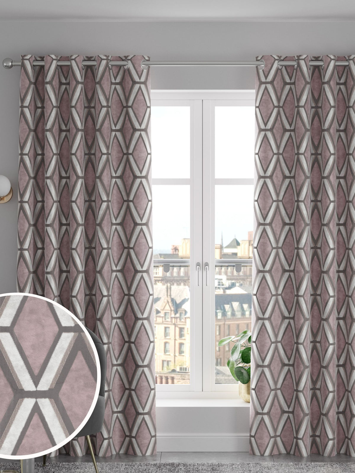 Next Blush Pink geometric velvet curtains, imported from the UK