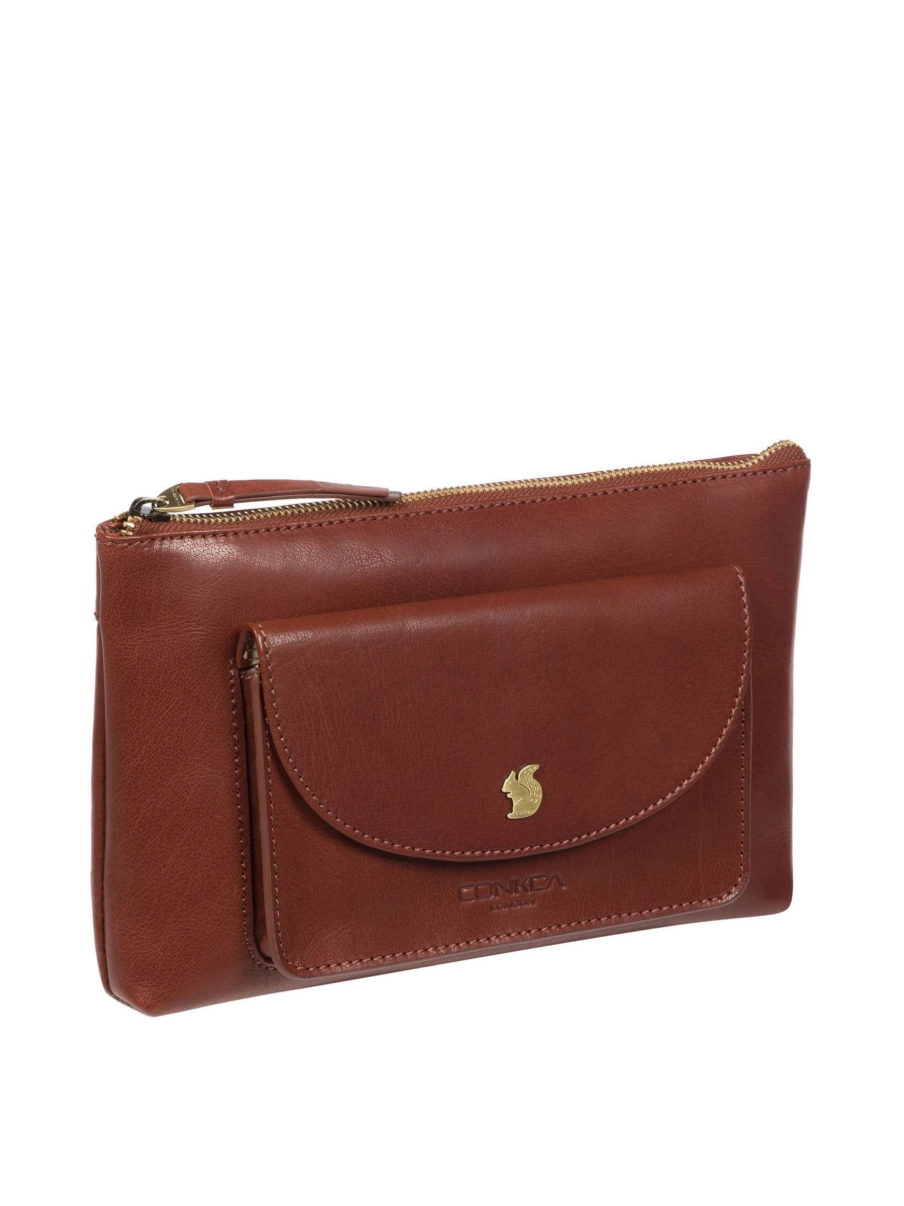 Conkca London leather clutch bag in conker brown, imported from the UK