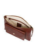 Conkca London leather clutch bag in conker brown, imported from the UK