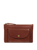 Conkca London leather clutch bag in conker brown, imported from the UK