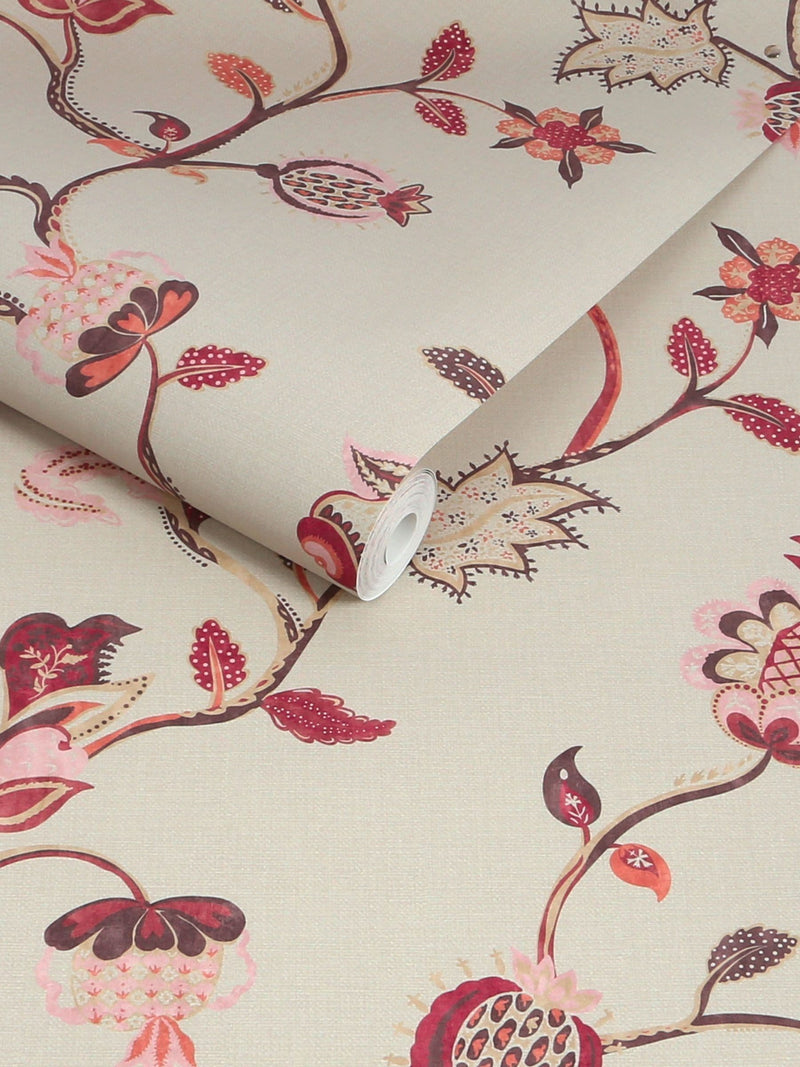 Joules wallpaper sample red pink Tree of Life floral A4 (British brand)