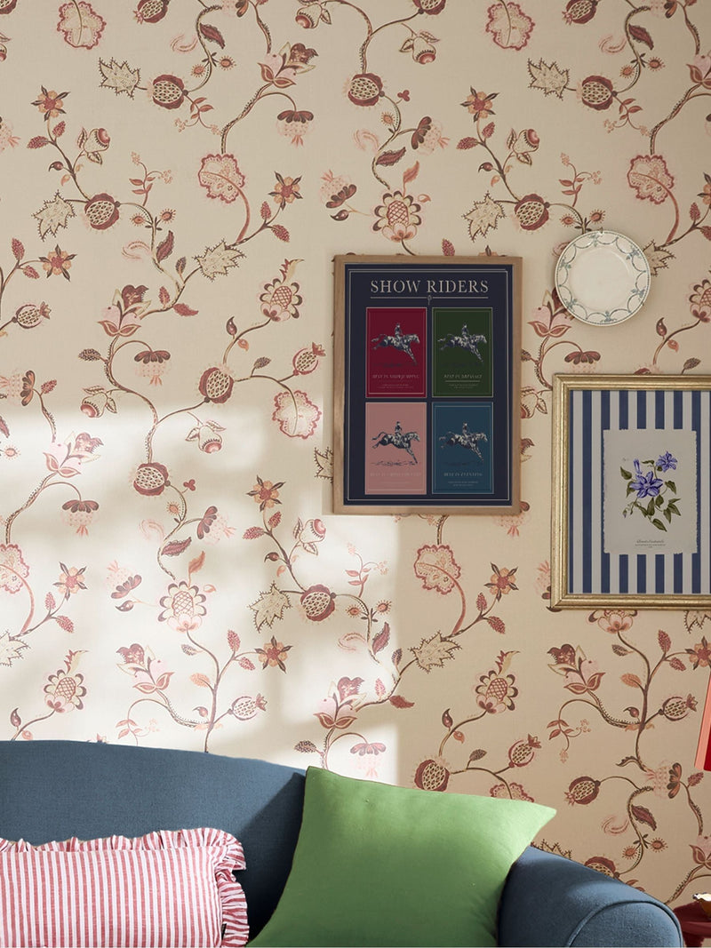 Joules wallpaper sample red pink Tree of Life floral A4 (British brand)
