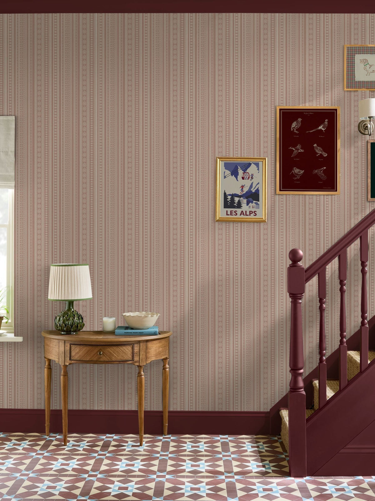 Joules Pink Decorative Stripe wallpaper sample A4, imported from the UK