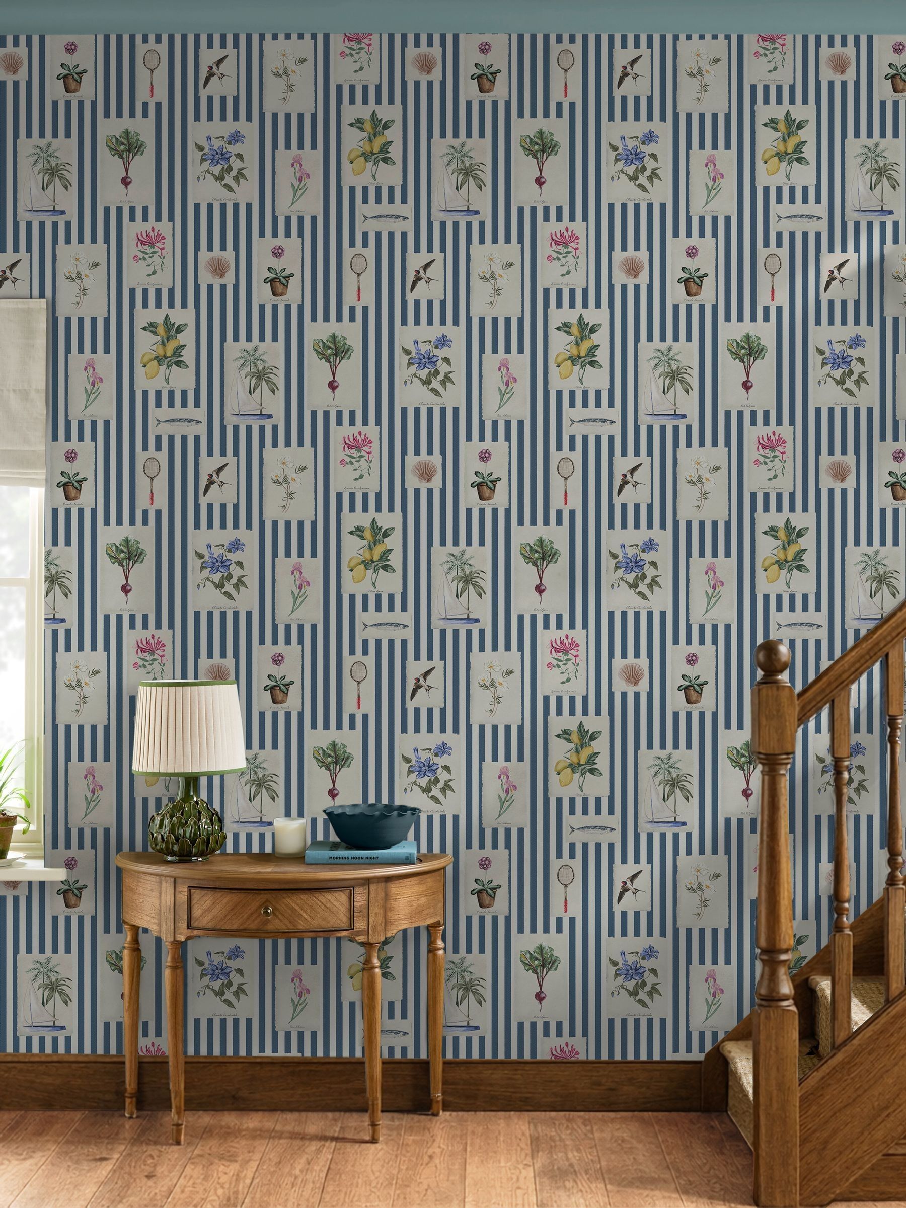 Joules wallpaper sample blue stripe A4, imported from the UK