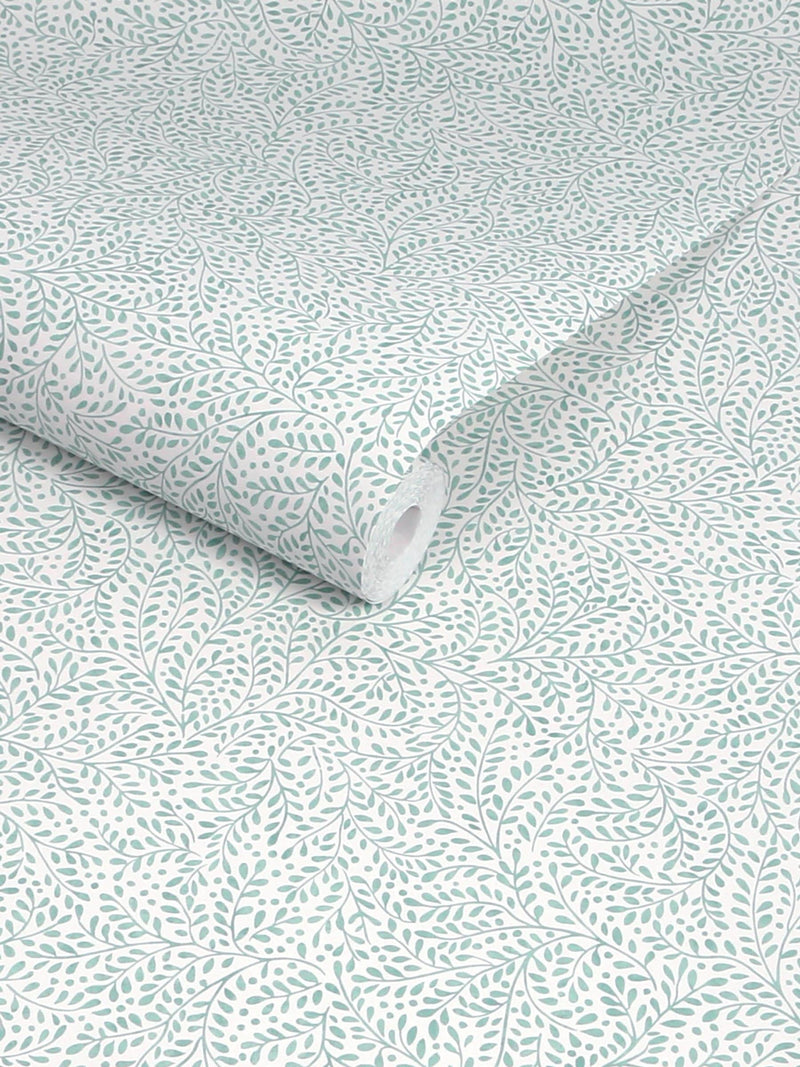 Joules Willow Leaf wallpaper sample duck egg blue, UK version