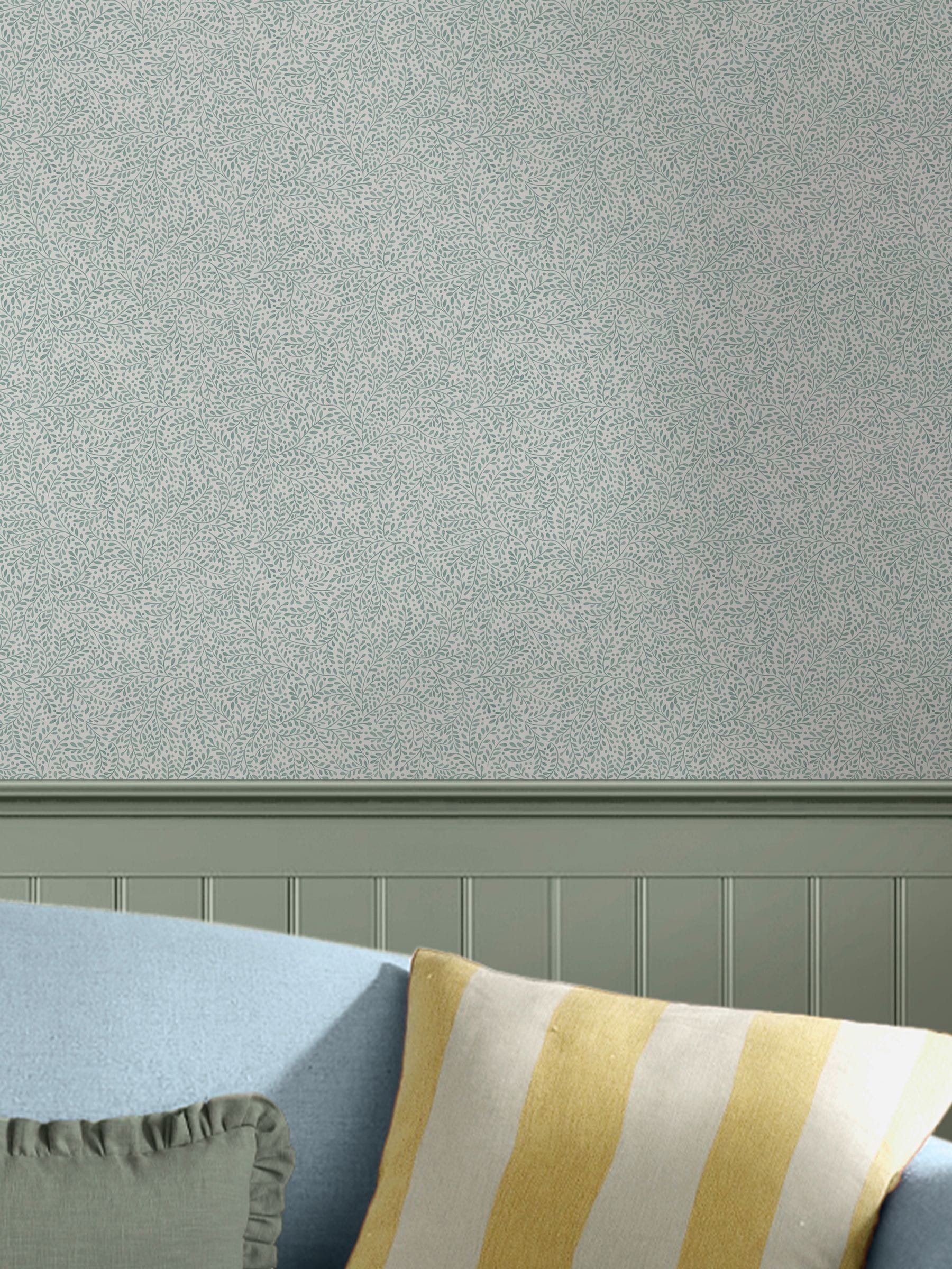 Joules Willow Leaf wallpaper sample duck egg blue, UK version