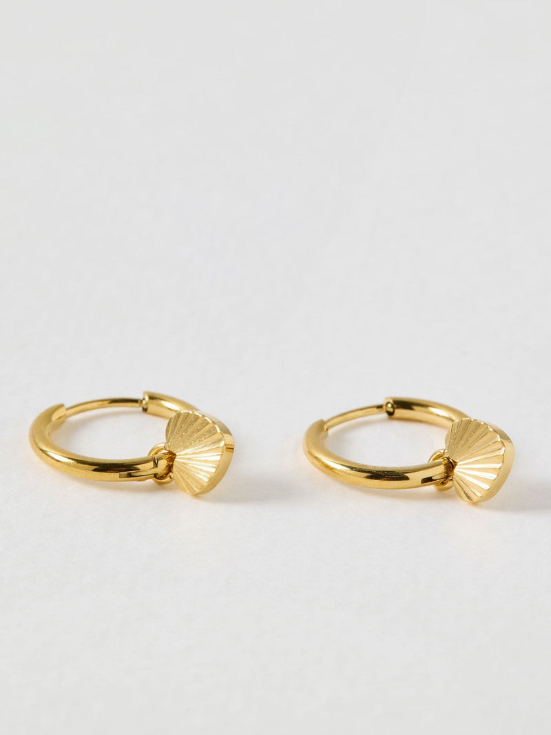 Oliver Bonas gold hoop earrings etched heart charm (British brand)