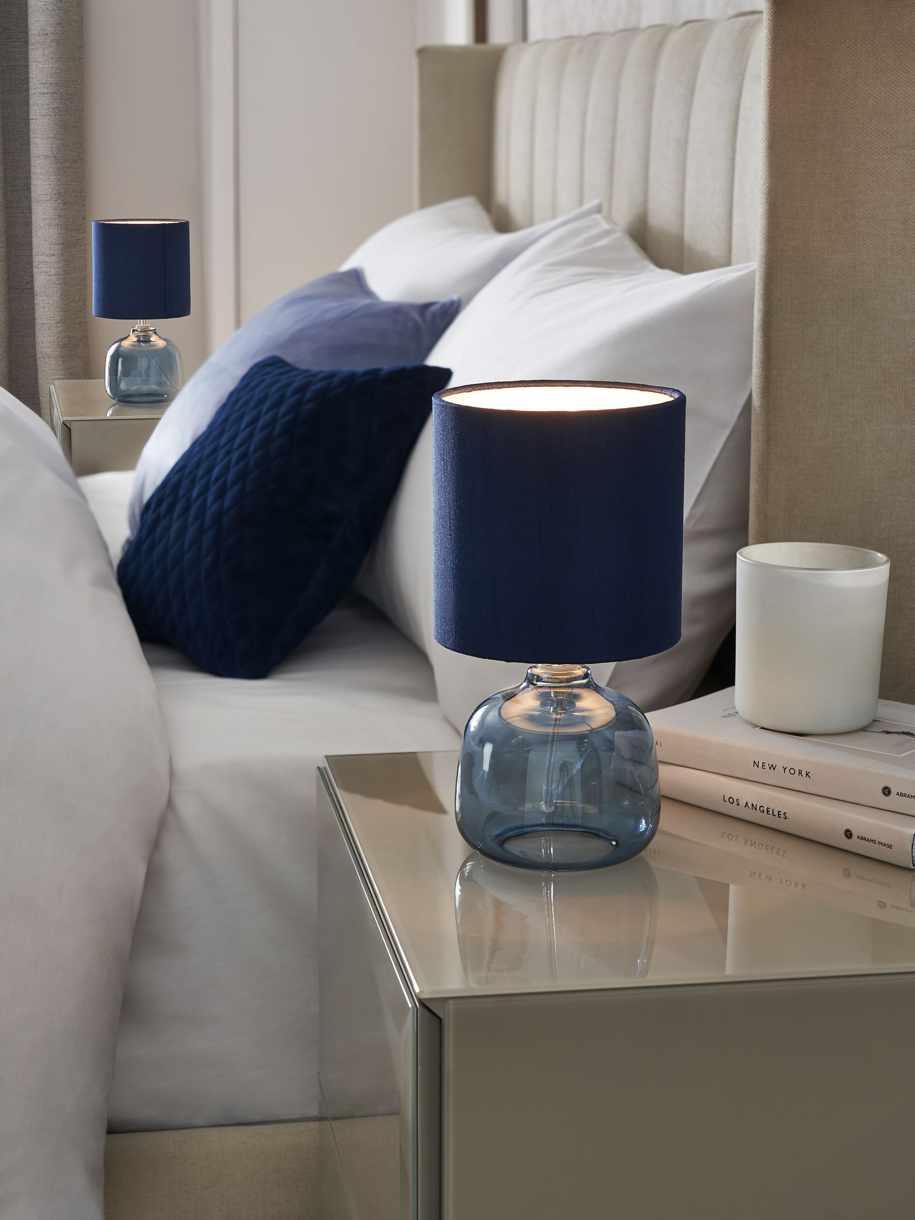 Connor navy blue bedside table lamp 24.5cm tall, UK version