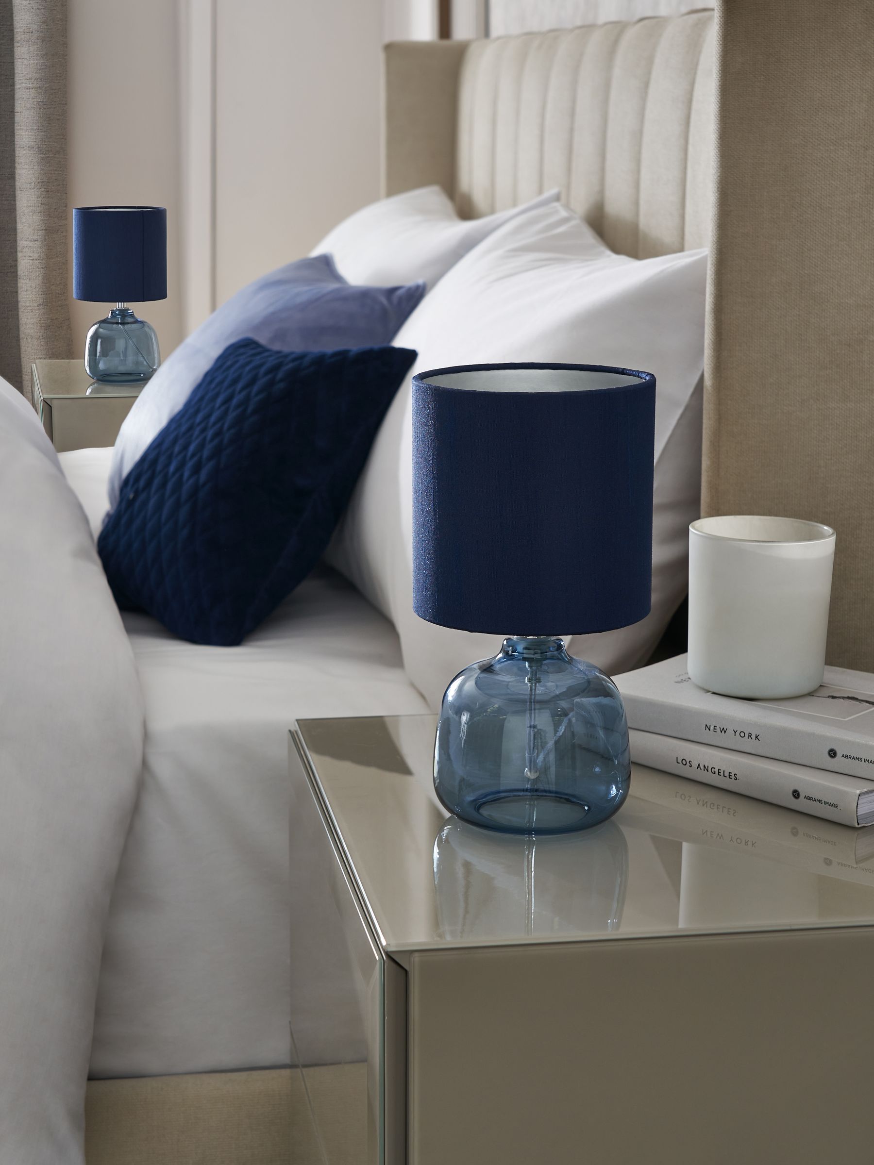 Connor navy blue bedside table lamp 24.5cm tall, UK version
