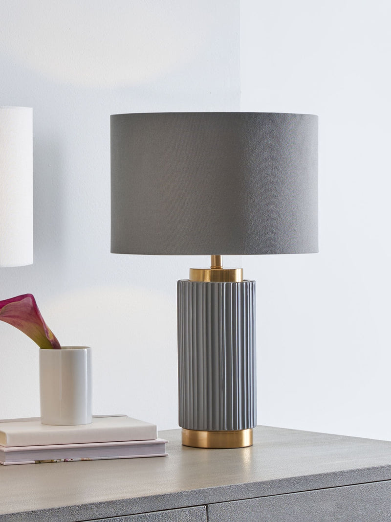 Pacific Grey ceramic table lamp with gold metal accents, imported from the UK