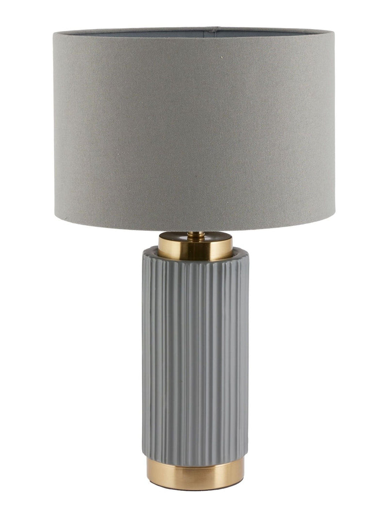 Pacific Grey ceramic table lamp with gold metal accents, imported from the UK