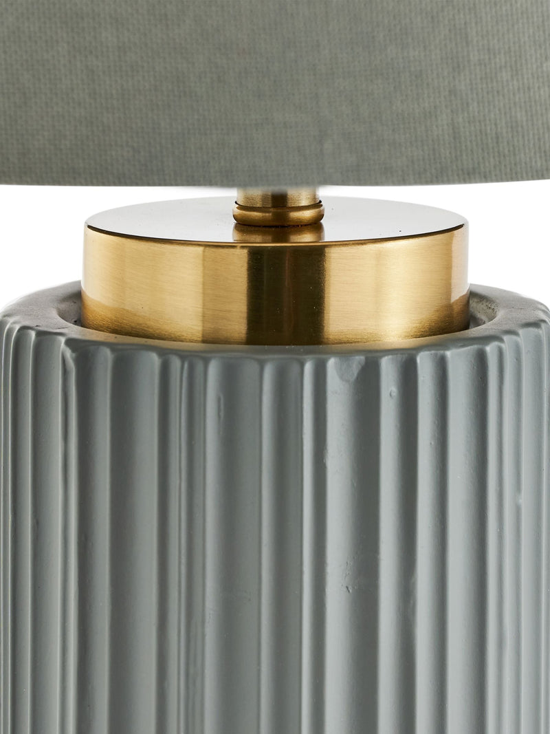 Pacific Grey ceramic table lamp with gold metal accents, imported from the UK