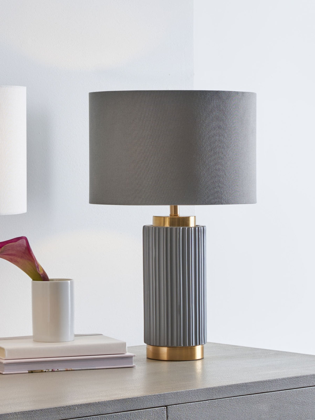 Pacific Grey ceramic table lamp with gold metal accents, imported from the UK