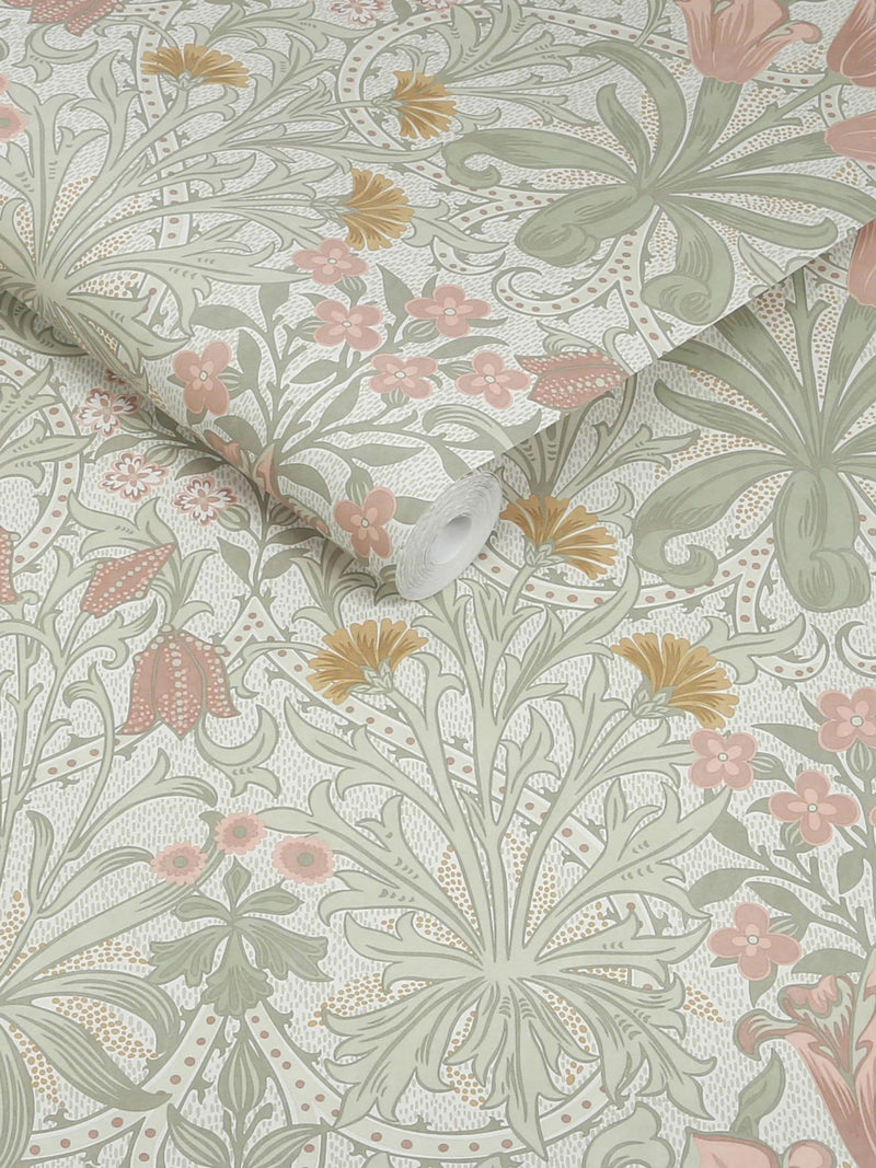 William Morris wallpaper sample Woodland Weeds Peony and Sage A4, UK version