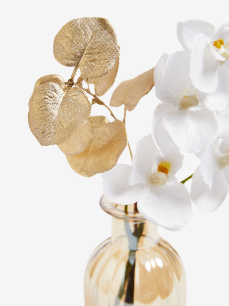 White real touch artificial orchid in gold lustre vase 30cm height (British brand)