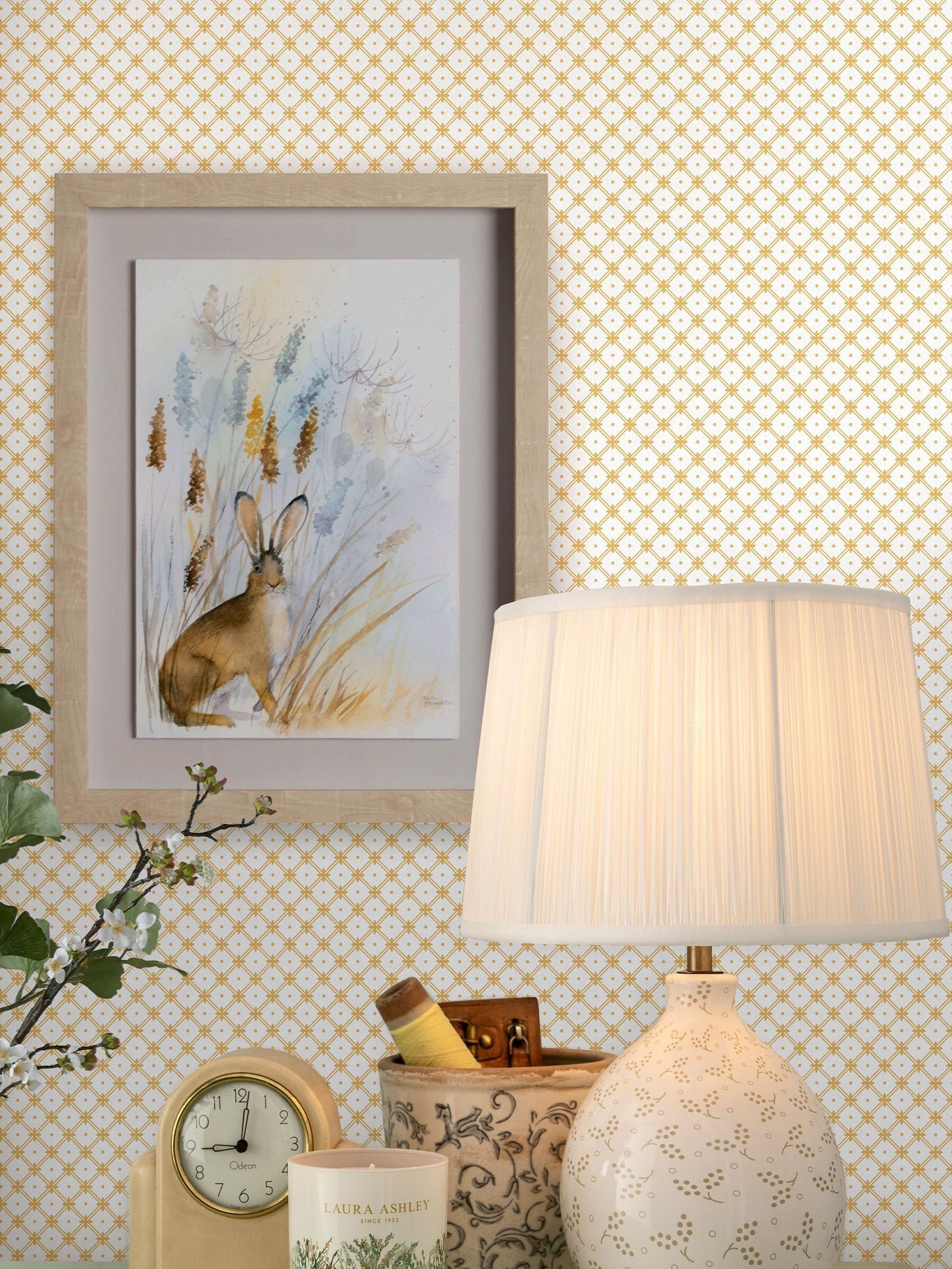 Laura Ashley Pale Ochre Yellow Wickerwork wallpaper 10m (British brand)