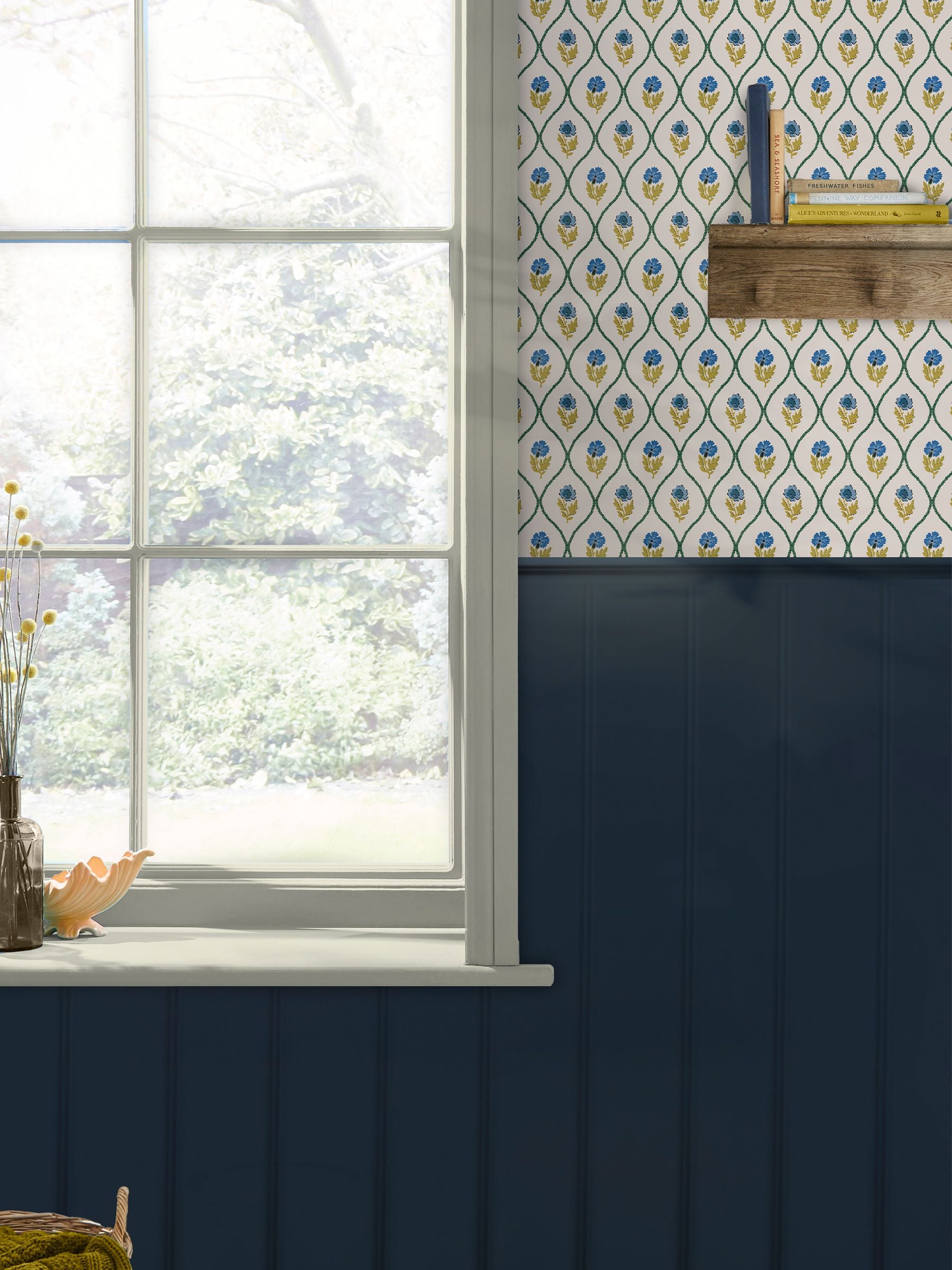 Joules Gold Trellis Floral wallpaper sample - British product