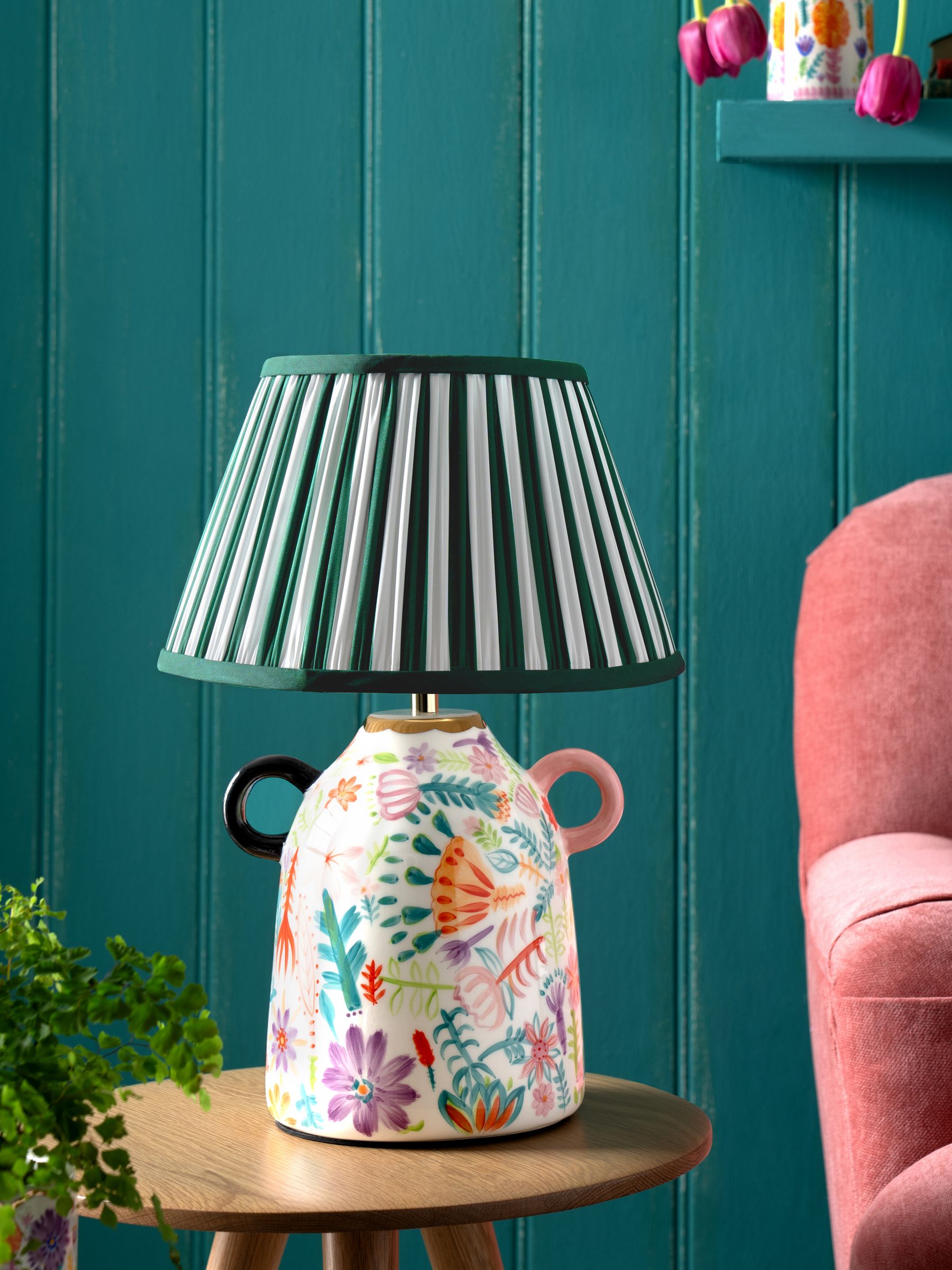 Lucy Tiffney Pink/White Small Floral Print Ceramic Table Lamp