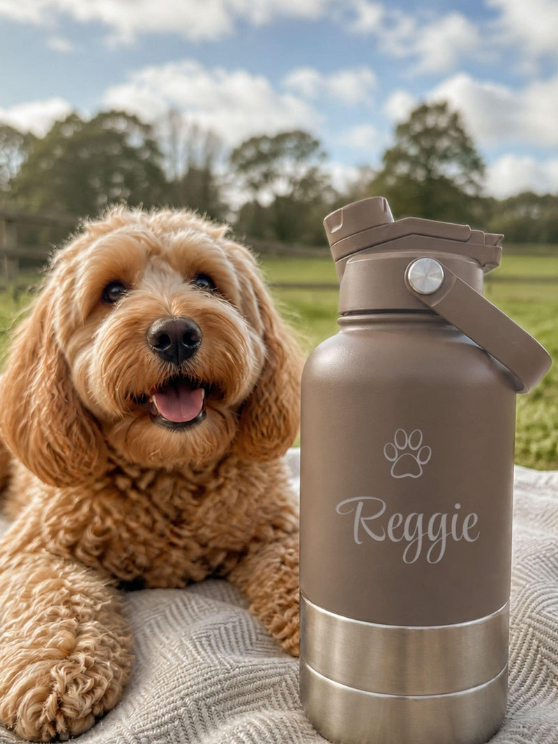 Loveabode personalised 3-in-1 dog travel bottle 32oz, imported from the UK