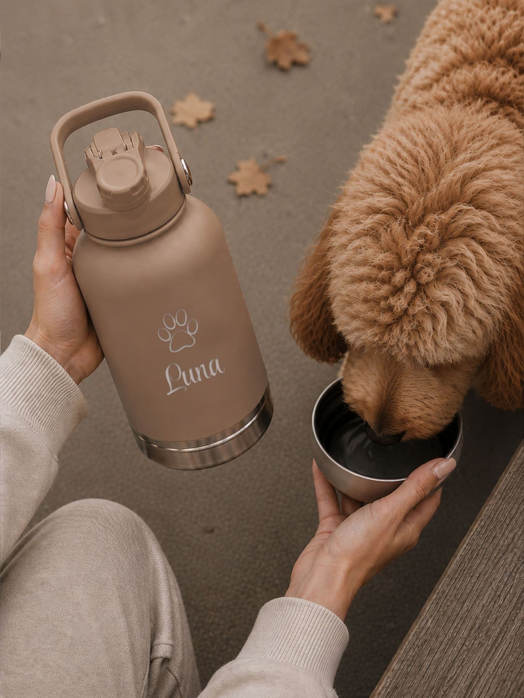 Loveabode personalised 3-in-1 dog travel bottle 32oz, imported from the UK