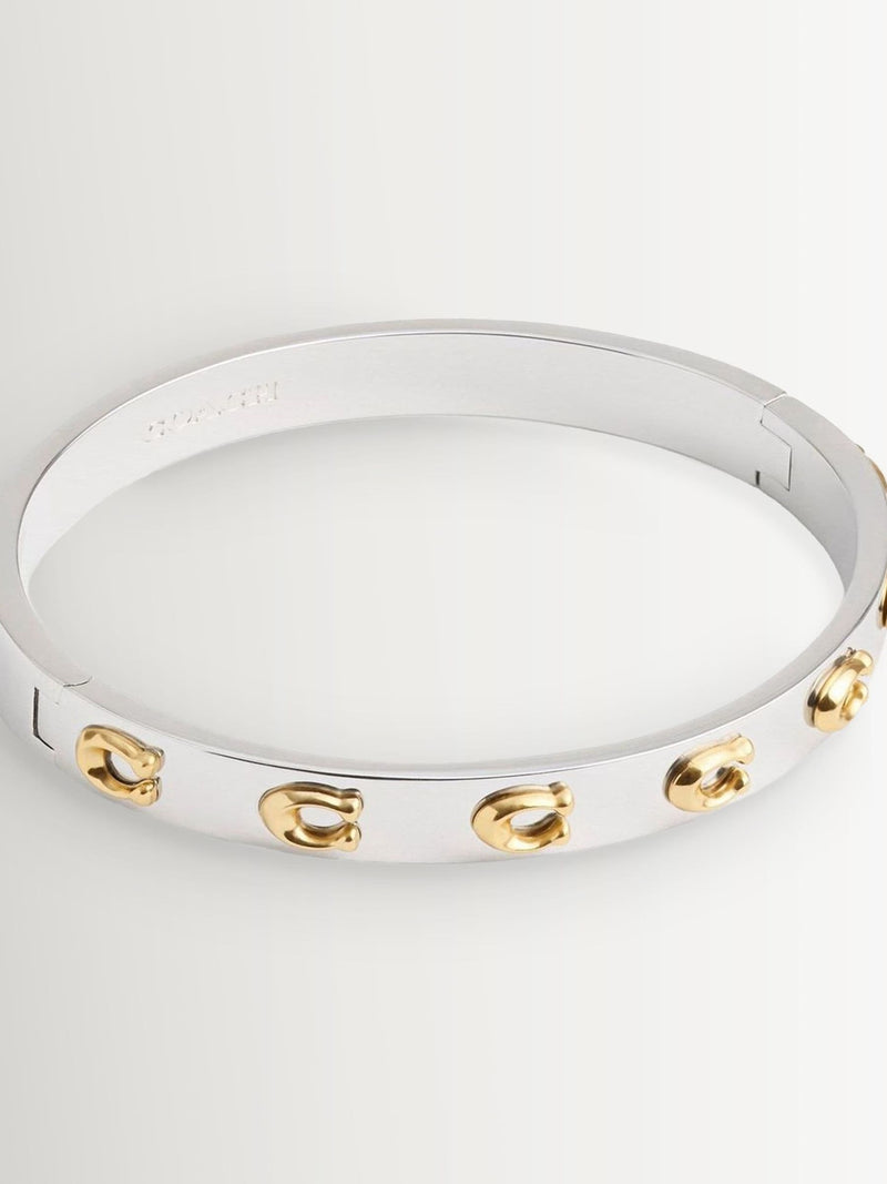 Silver and Gold-Tone Hinged Bangle Bracelet