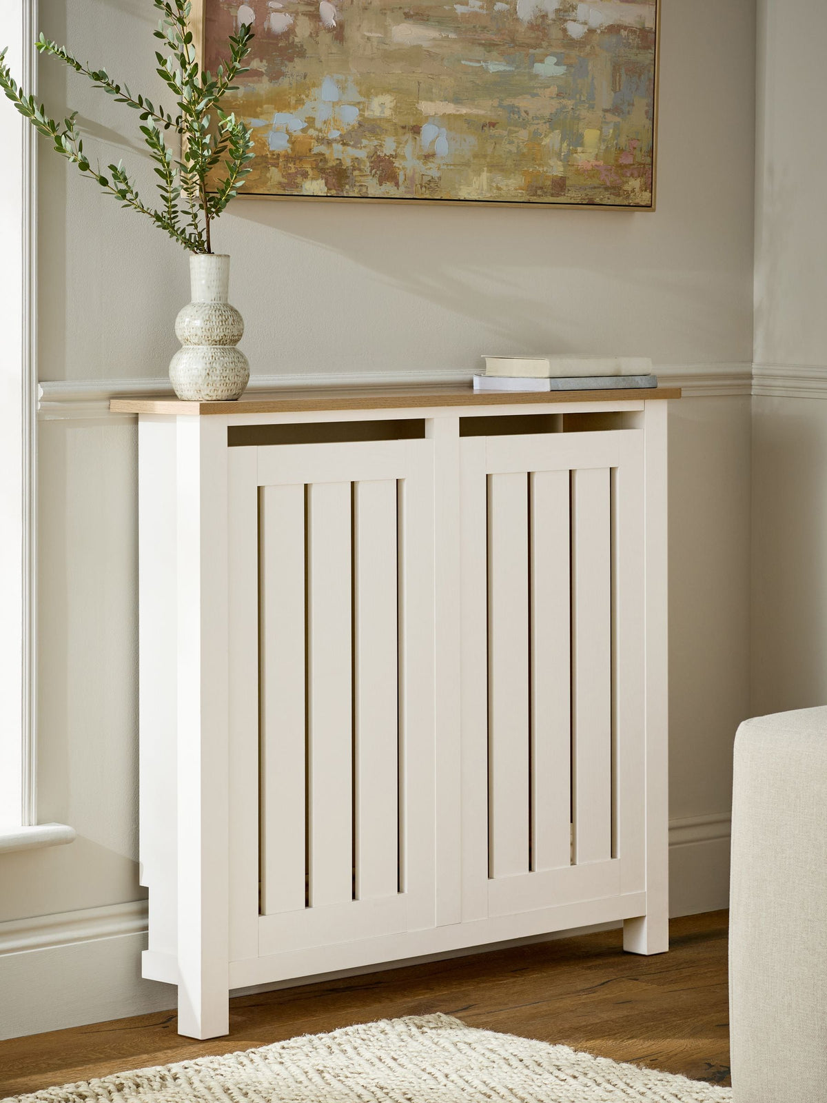 Cream oak effect Malvern radiator cover, imported from the UK