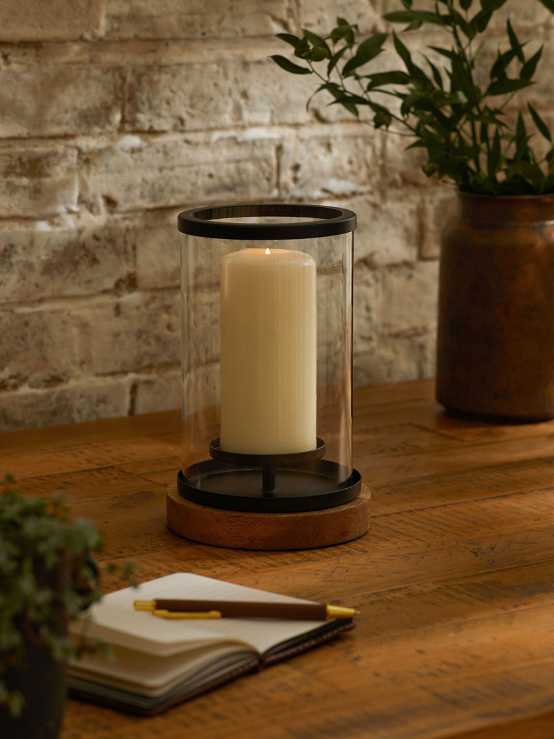 Bronx black hurricane candle holder with mango wood base and glass, UK version