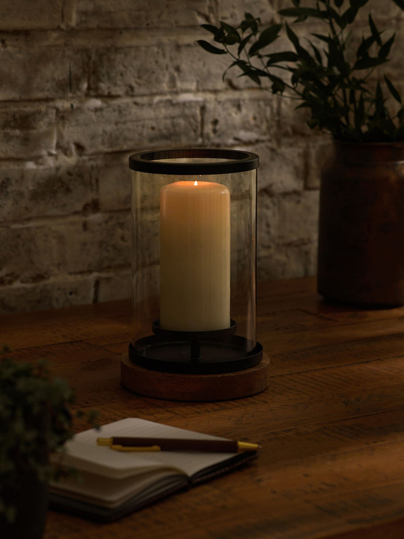Bronx black hurricane candle holder with mango wood base and glass, UK version