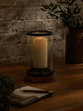 Bronx black hurricane candle holder with mango wood base and glass, UK version