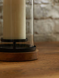 Bronx black hurricane candle holder with mango wood base and glass, UK version
