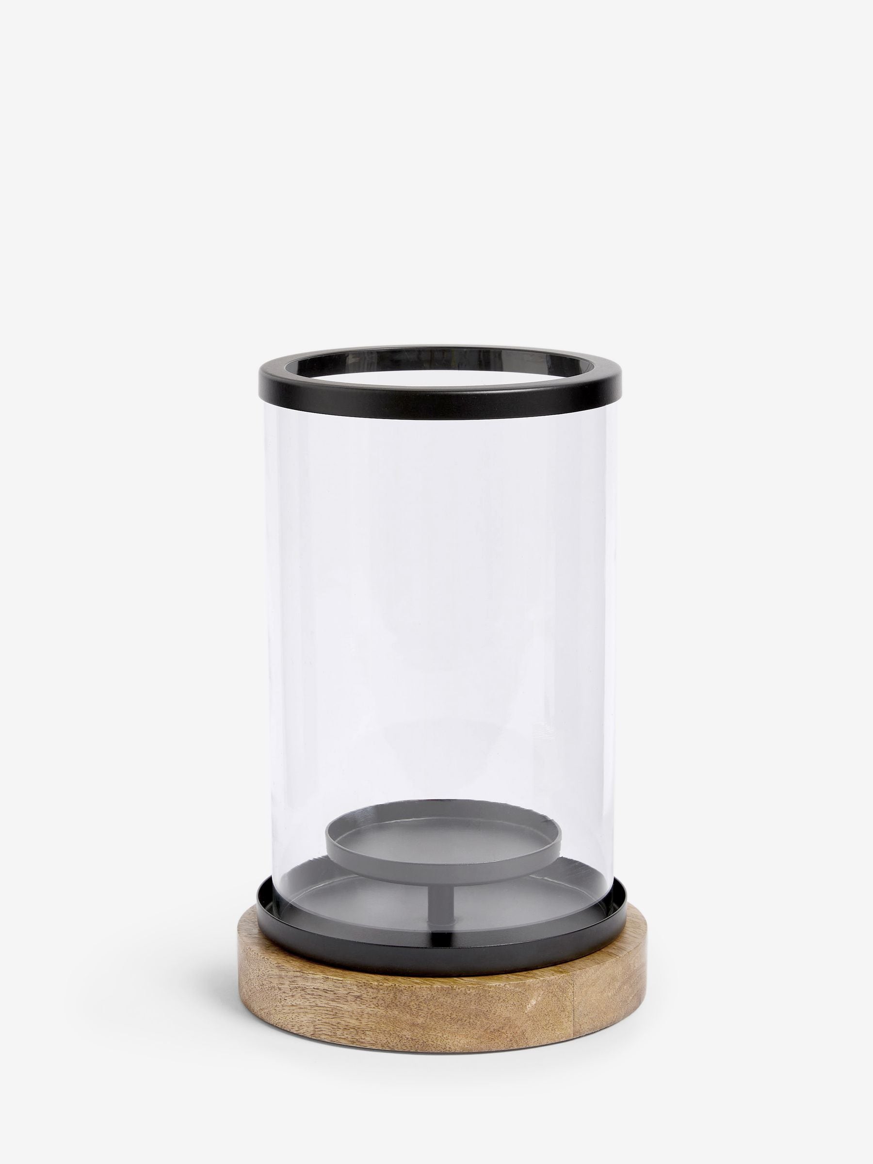 Bronx black hurricane candle holder with mango wood base and glass, UK version