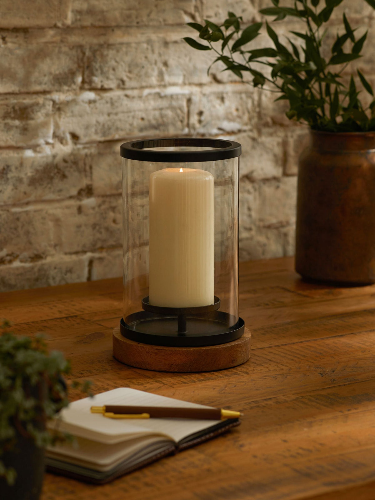 Bronx black hurricane candle holder with mango wood base and glass, UK version