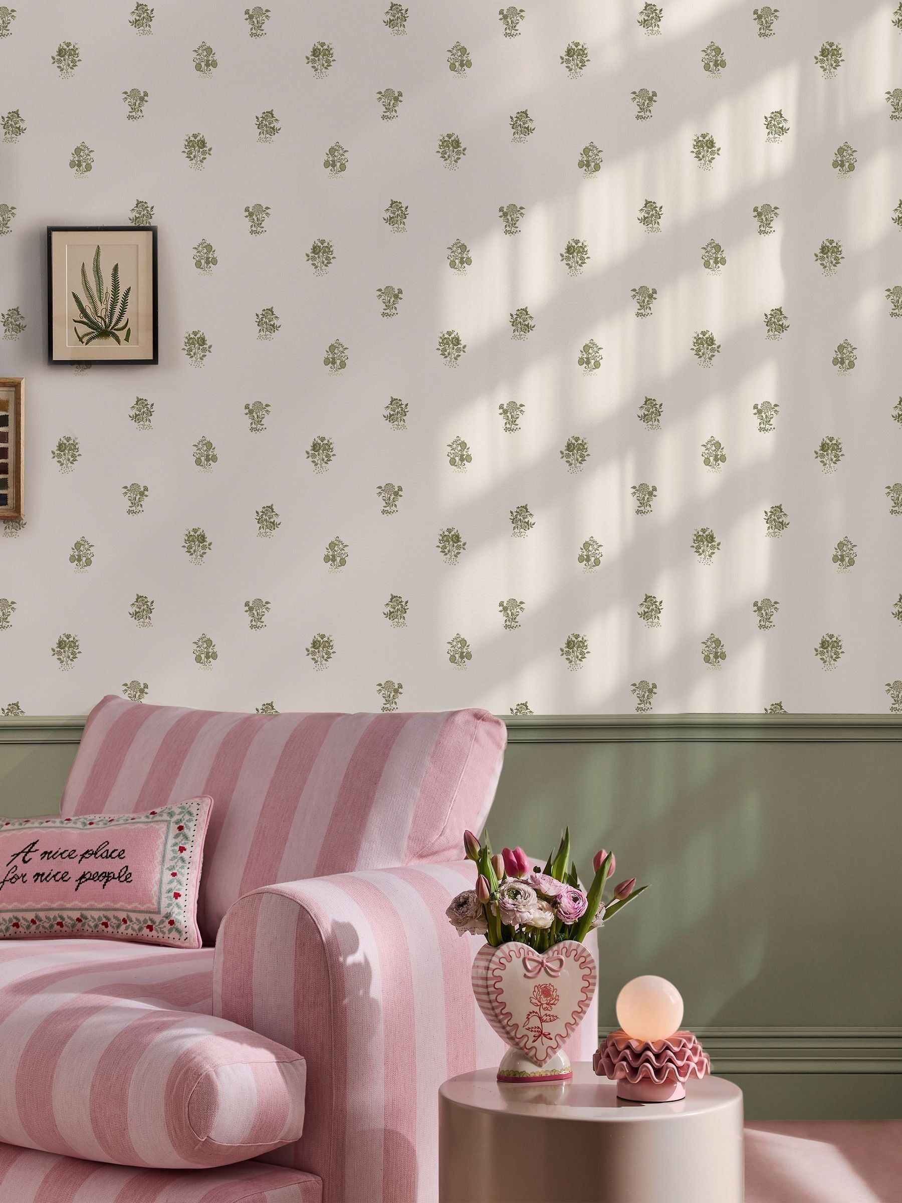 Cath Kidston Sage Kingdom Posey wallpaper 10m, imported from the UK