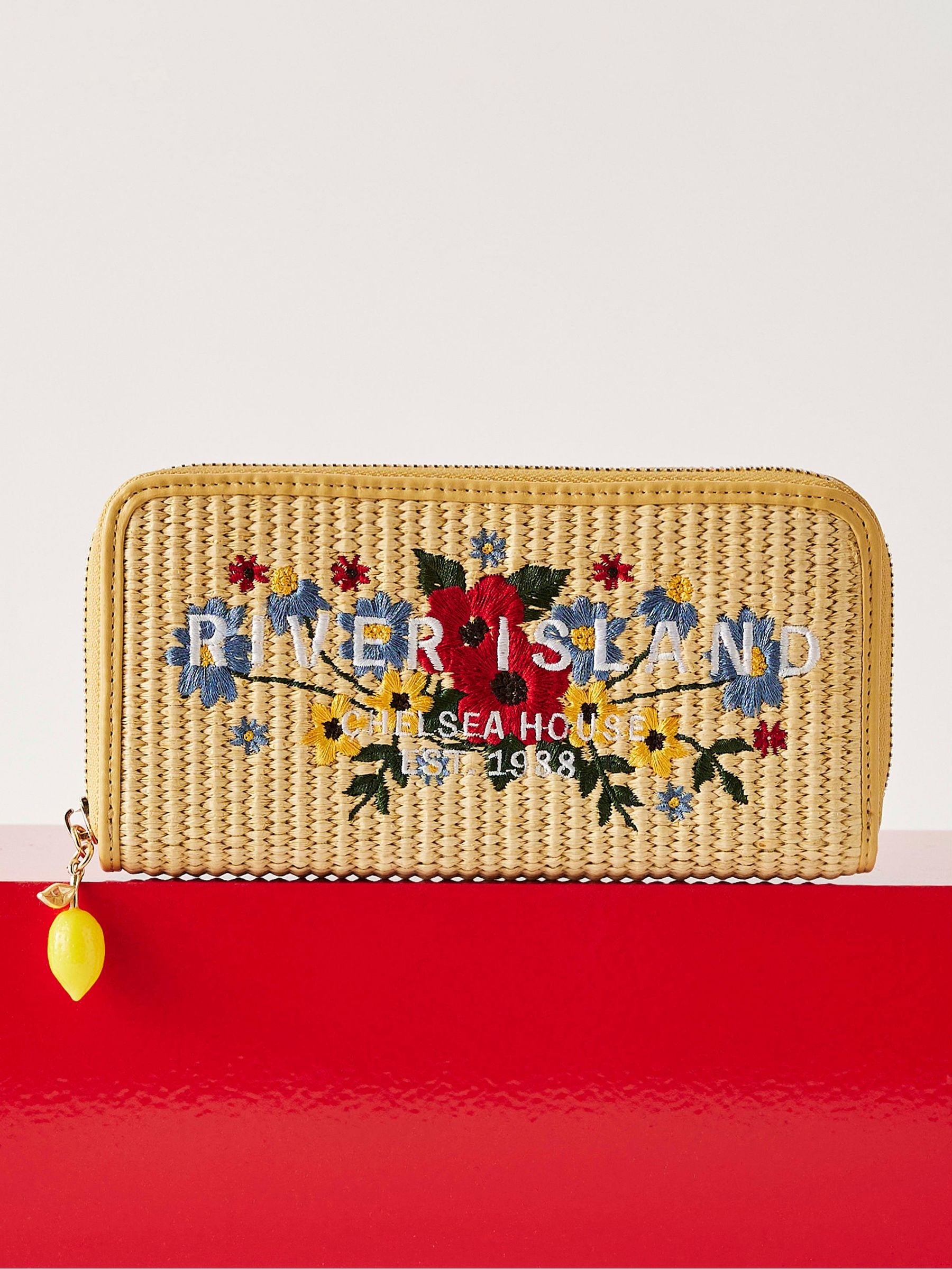 River Island brown floral embroidery raffia purse, imported from the UK