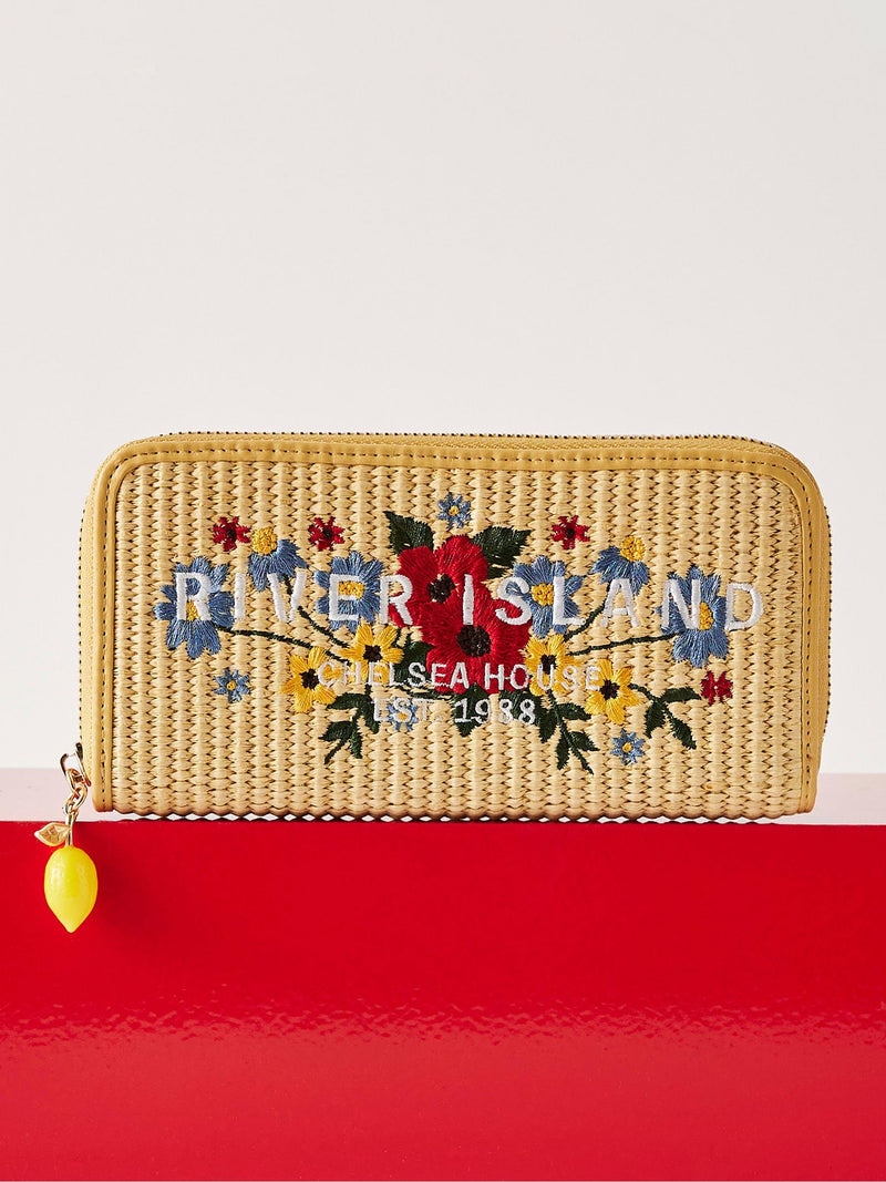 River Island brown floral embroidery raffia purse, imported from the UK