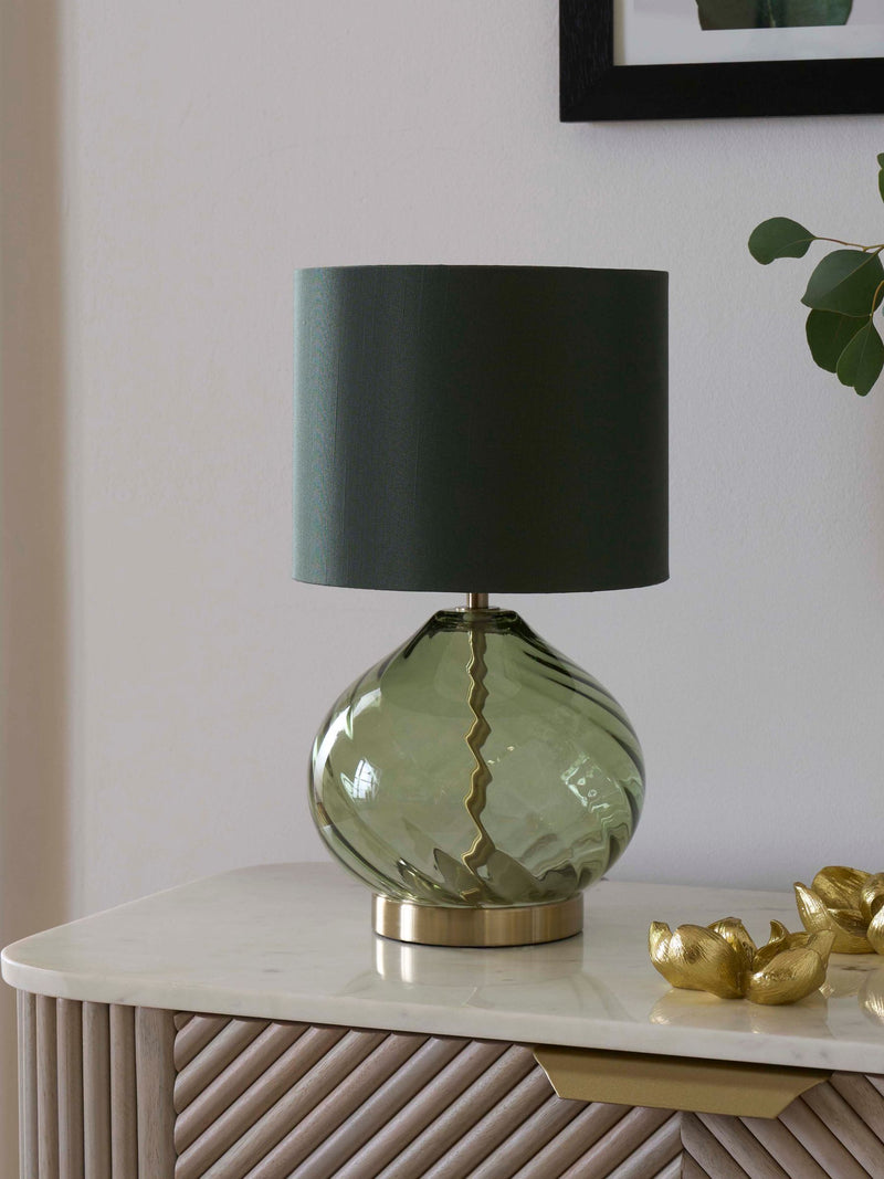 Freya green table lamp ribbed glass base fabric shade 37cm, UK version