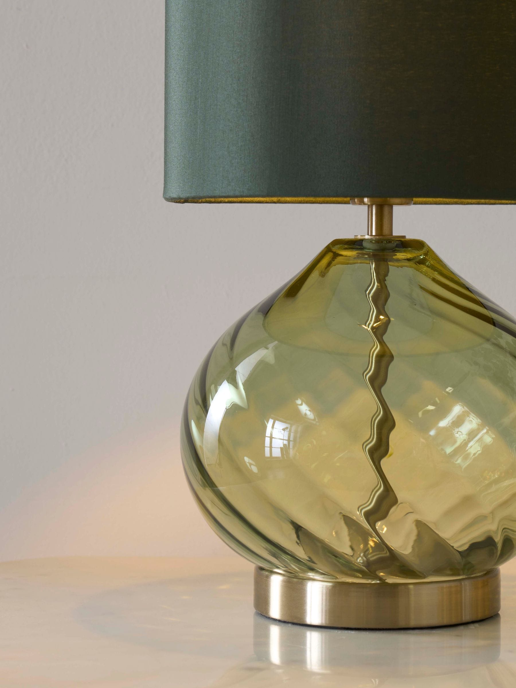 Freya green table lamp ribbed glass base fabric shade 37cm, UK version