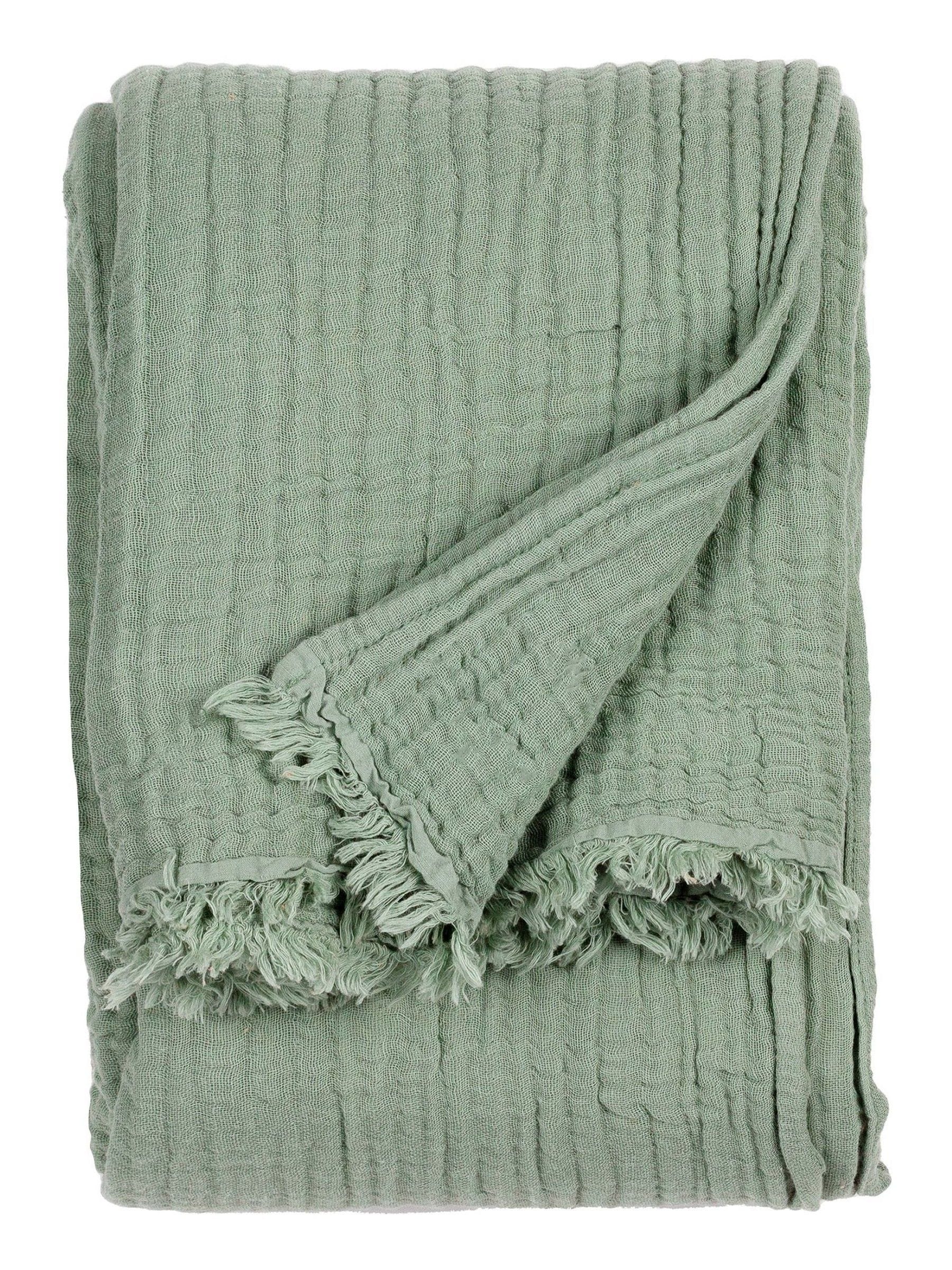 Lark muslin crinkle cotton throw in eucalyptus green (British brand)