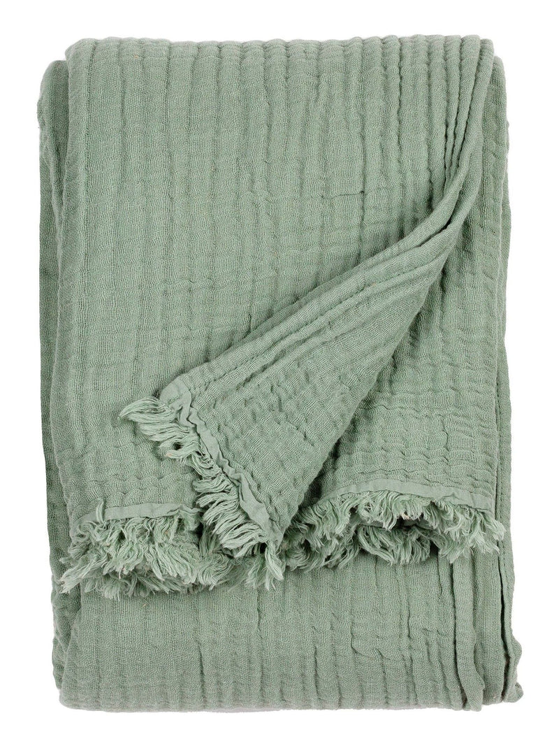 Lark muslin crinkle cotton throw in eucalyptus green (British brand)