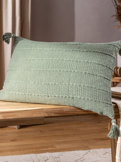 Next Yard Eucalyptus Green Caliche 100% Cotton Knit Tasselled Cushion- Buy online at McGrocer