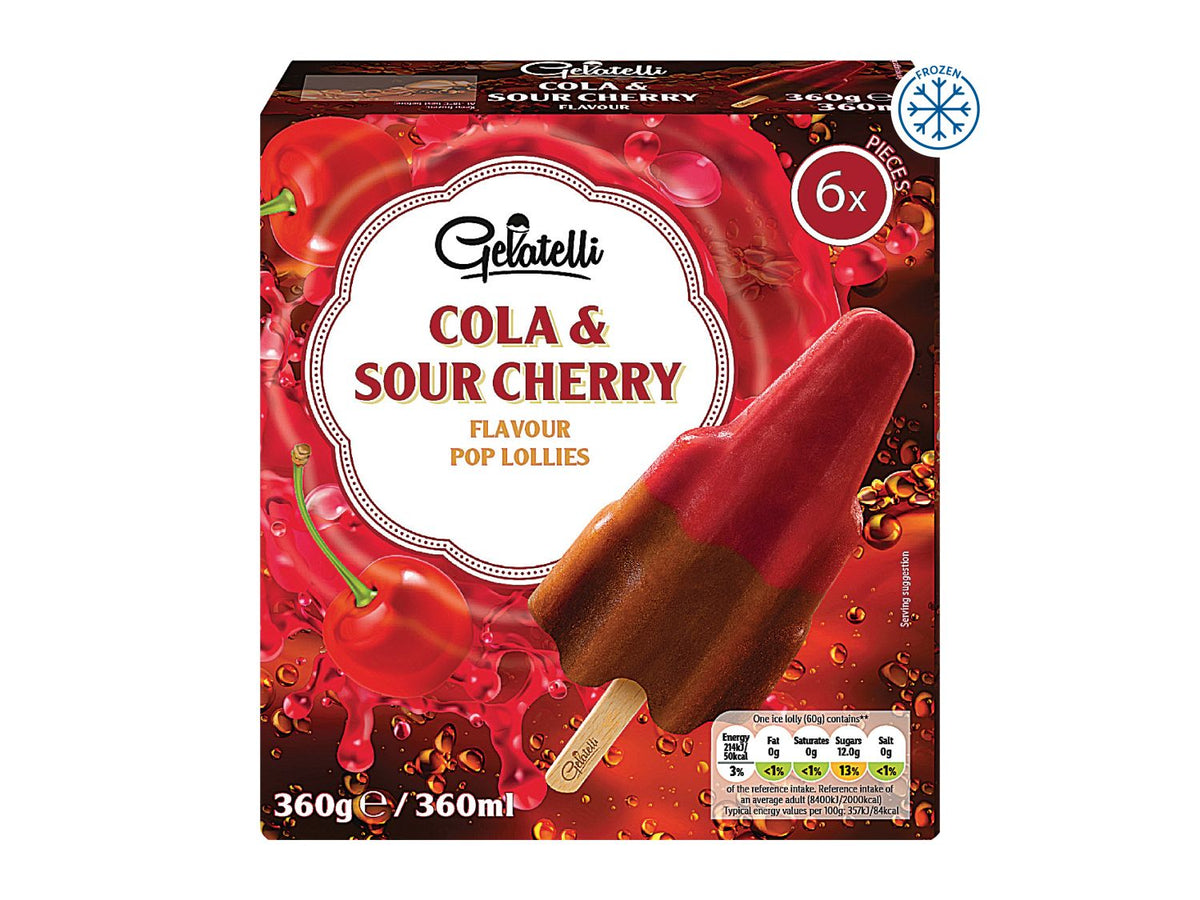 Lollies in cola and sour cherry flavours, 6 pack (British brand)