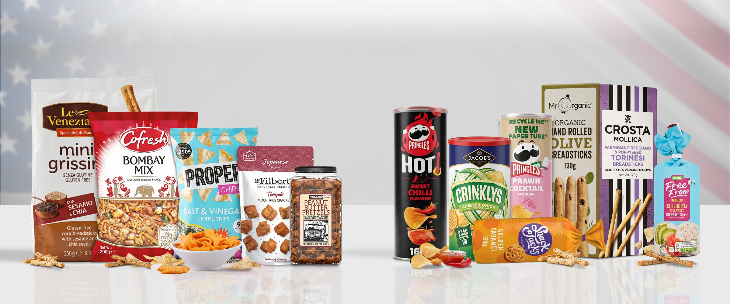 Britische Snacks, die aus Großbritannien in die USA geliefert werden – Walkers, Cadbury, Jaffa Cakes, McVitie's, Branston Pickle