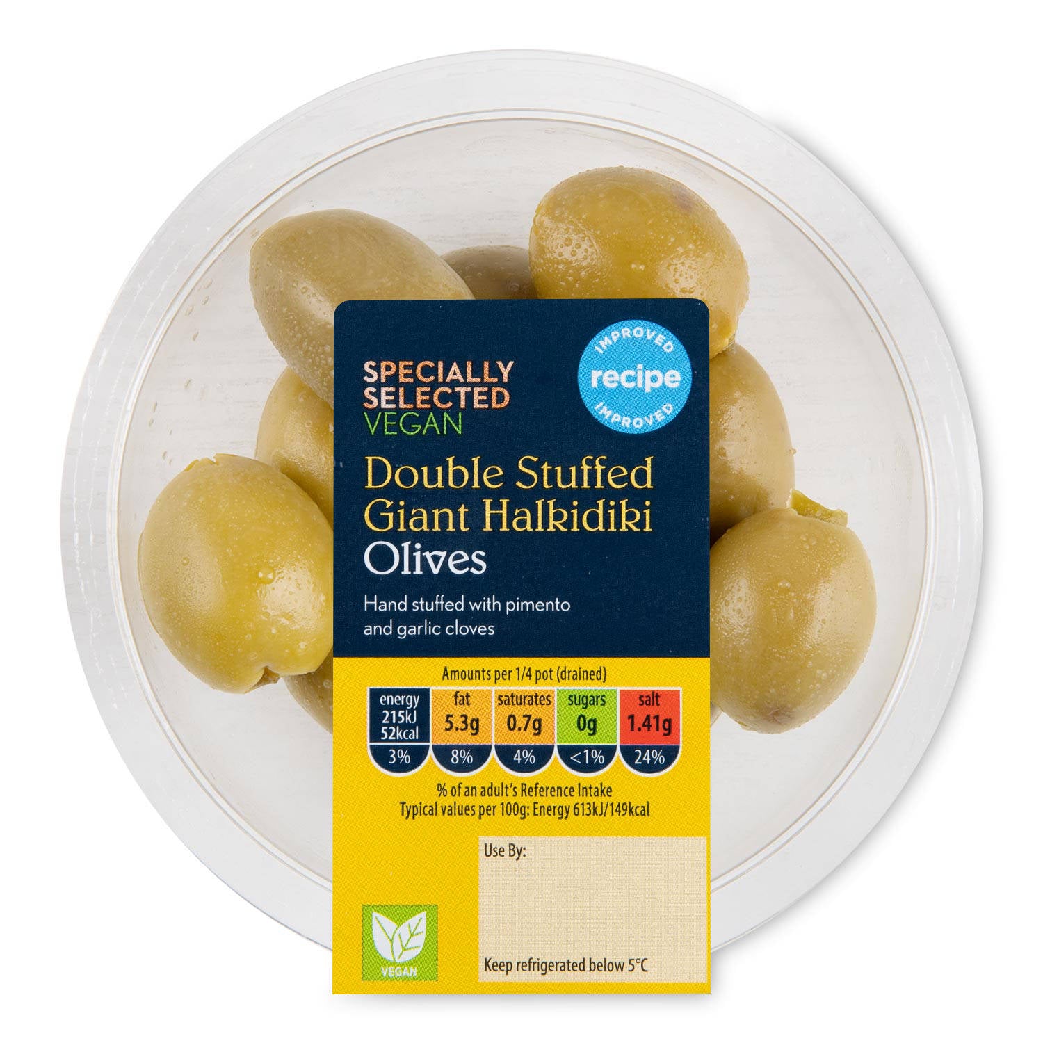 Stuffed Halkidiki olives with garlic and jalapeño, UK version