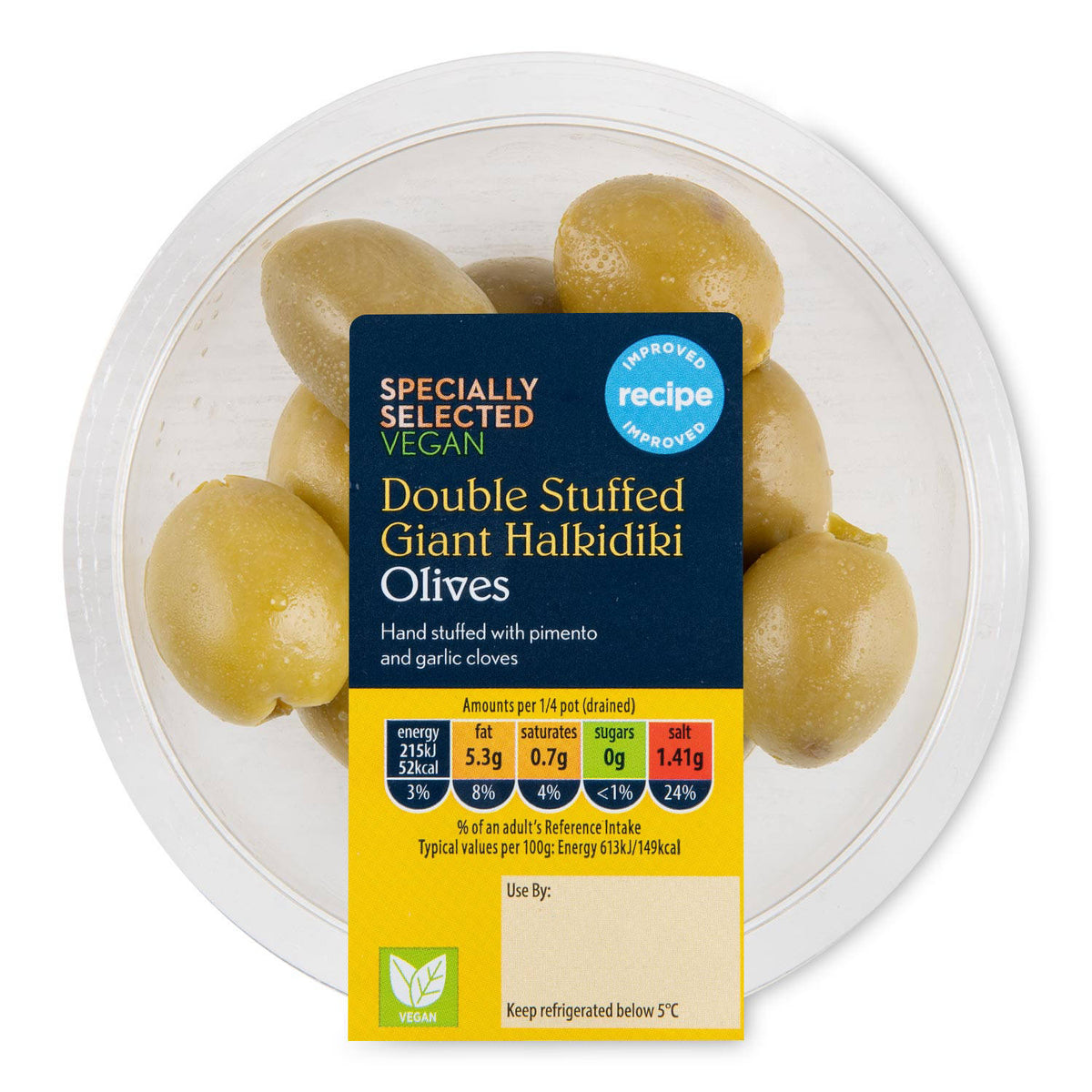 Stuffed Halkidiki olives with garlic and jalapeño, UK version