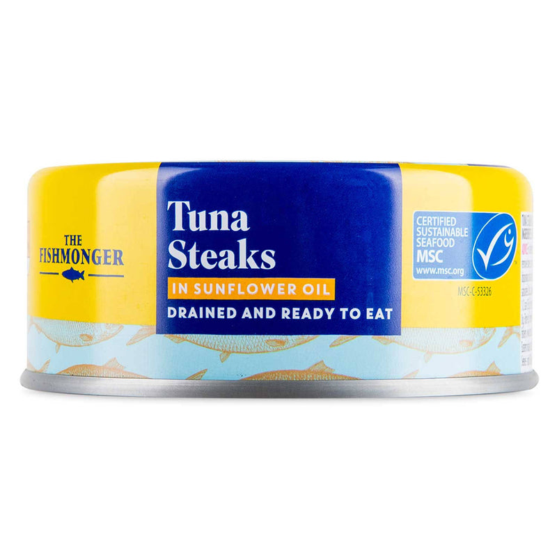 Tinned tuna steaks in sunflower oil 110g, imported from the UK
